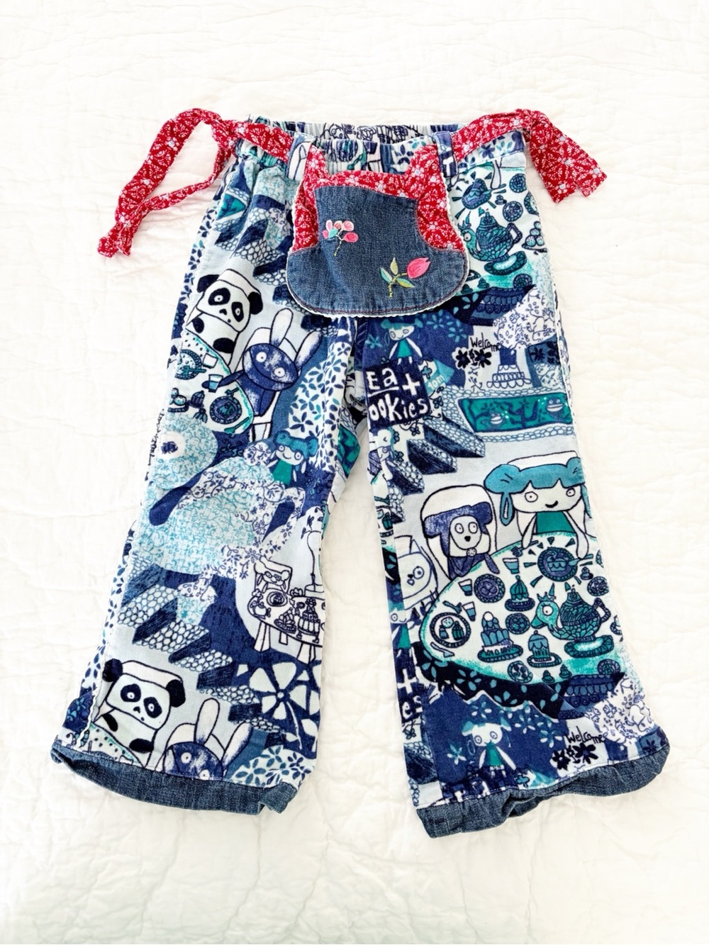 Vintage Oilily 3-4 yr blue velvet pants tea party w little apron